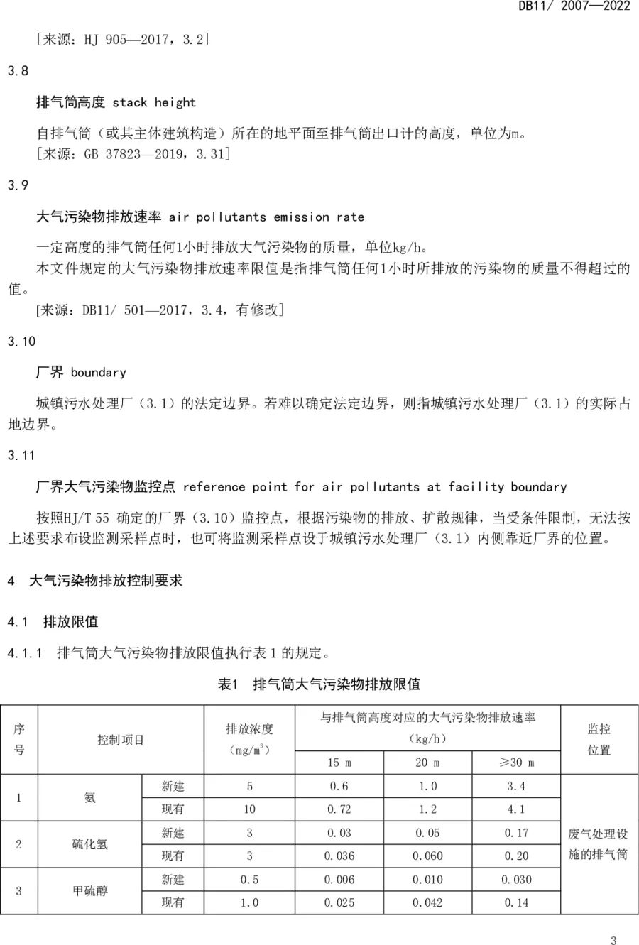 《城鎮(zhèn)污水處理廠大氣污染物排放標準》（DB11/ 2007-2022）